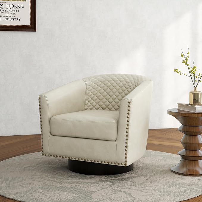 Swivel Barrel Accent Chair, Comfy Modern Upholstered Round Faux Leather Arm Chair for Living Room, Bedroom(Beige, Set of 4