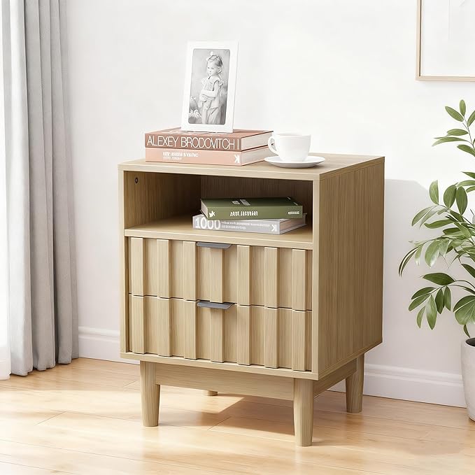 Fluted Nightstand Set of 2 with 2 Drawers, 19" Wide Night Stand with Solid Wood Legs, Open Storage Shelf, Mid Century Modern Wooden Bedside Table for Bedroom, Bed End Side Table, Oak