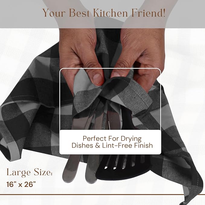 4 Pack Light Grey and Black Buffalo Check Kitchen Towels, 16"x26", Plaid Dish Towels, Absorbent Cotton Cloths for Drying Hands, Cleaning Spills, Farmhouse Kitchen Décor, Holiday
