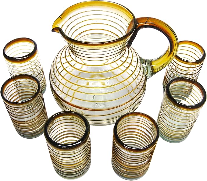 Amber Spiral 120 oz Pitcher and 6 Drinking Glasses set, Recycled Glass, Lead-free, Toxin-Free (Pitcher & Glasses)