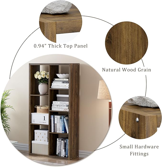 Cube Storage Organizer Bookcase, Decorative 11 inch Open Back Cubical Shelf with Thickened Border, Display Bookshelf for Living Room, Home Office, Sturdy Room (Brown, 7 Cube)
