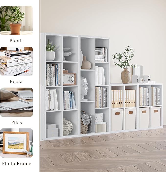 VDNEND Cube Storage Organizer Bookcase, Decorative 11 inch Open Back Cubical Shelf with Thickened Border, Display Bookshelf for Living Room, Home Office, Sturdy Room (White, 4 Cube)