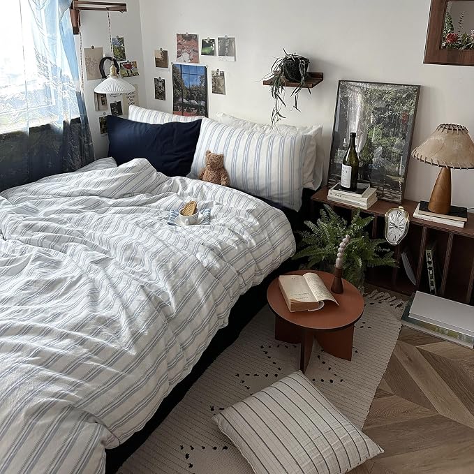 mixinni Vintage Blue & White Striped Duvet Cover Set - 3 Piece 100% Washed Cotton Queen Size Bedding | Minimalist Relaxed Style | Ultra Soft Breathable, with Zipper Closure & Corner Ties-Queen Size