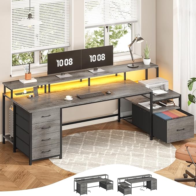 SEDETA 75'' Computer Desk with 5 Drawer, Power Outlet & Led Lights, Home Office Desk with File Drawer, Storage Shelves, Printer Cabinet and Monitor Shelf, 23.6" W Large Desktop Gaming Desk, Grey