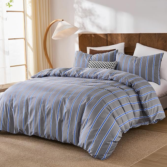 Merryword Blue and Gray Striped Duvet Cover Set Queen Size 100% Cotton Bedding Set with Modern Coastal Style Soft Breathable Linen Like Bedding Set 3 Pieces