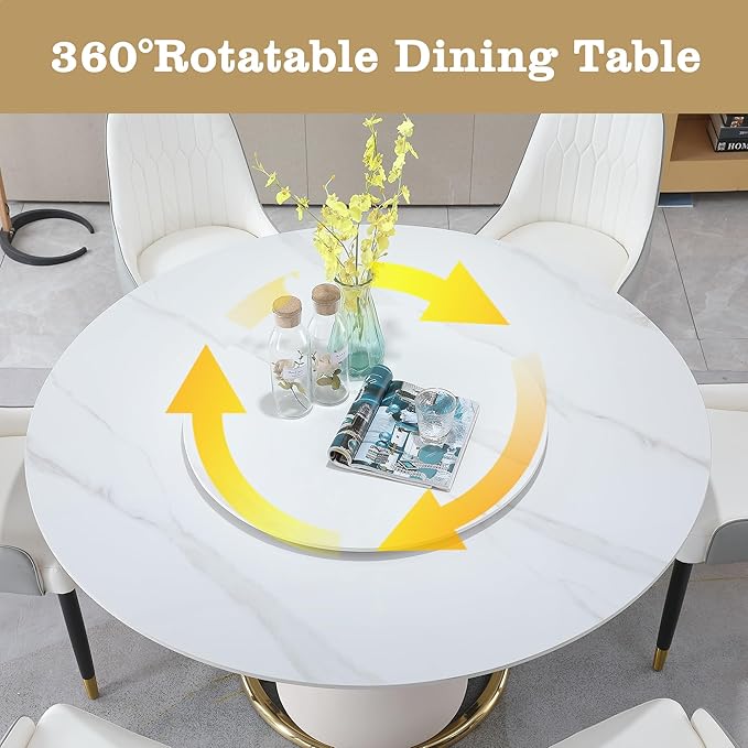 Round Marble Dining Table Set for 6-8, Kitchen Table Dining Room Table Set Petal Pu Leather & Metal Base (1 Table and 8 Grey Chairs)