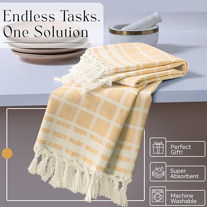 Matrix Dobby Kitchen Towels 12 Pack 100% Cotton, 16x26 Inches, Decorative Tea Towels with Handmade Tassels, Absorbent Washable Wash Cloths for Kitchen Drying - Mustard Yellow, Natural