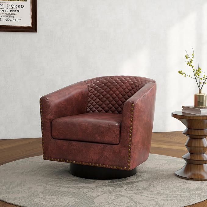 Swivel Barrel Accent Chair, Comfy Modern Upholstered Round Faux Leather Arm Chair for Living Room, Bedroom(Red Brown, Set of 2