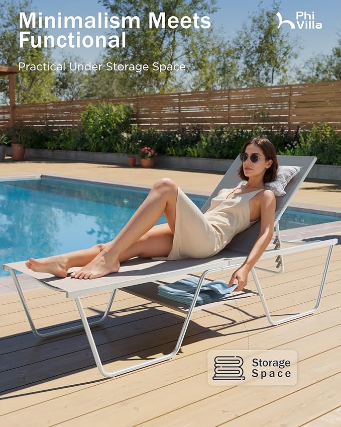 PHI VILLA 78" Oversized Outdoor Chaise Lounge Chair Set of 2, 27" Extra Wide Foldable, 5-Position Adjustable, UV50+ Textilene Mesh, Rust-Proof Powder-Coated Frame, Khaki Beige