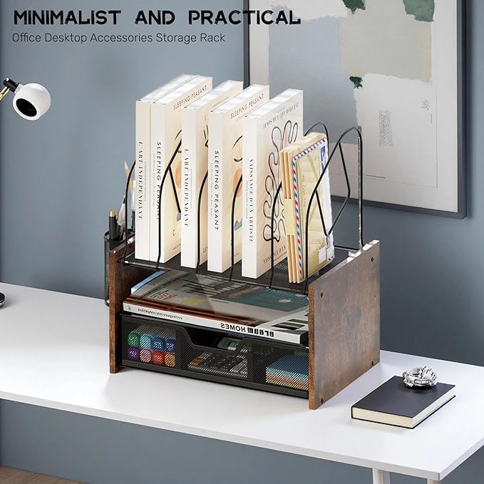 Desk Organizer with Drawer, Desktop File Organizer and Paper Tray Organizer with Vertical File Holder, Office Desk Accessories for Mail, Documents, Papers, Notebooks and Home Office Storage