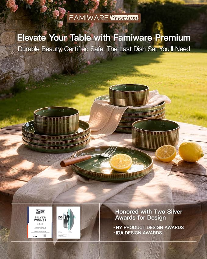 Stoneware Dinnerware Sets, Handcrafted Double Reactive Glaze Plates and Bowls for Everyday & Formal Dining, Microwave & Dishwasher Safe, Scratch Resistant Dishes Service for 4 (12-Piece), Moss