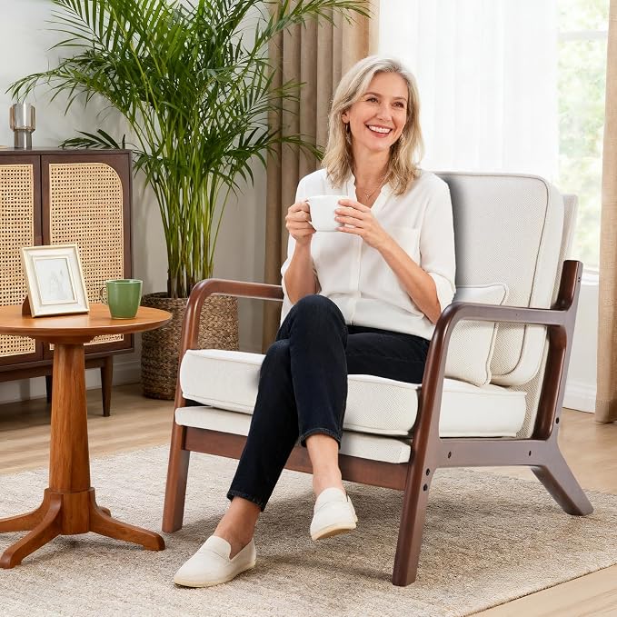 DUMOS Mid Century Modern Chair, Accent Chair with Arms and Waist Cushion, Reading Chairs for Adults, Lounge Chair for Living Room and Bedroom, Solid Wooden Frame, Ivory White