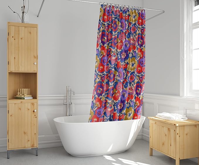 Red Blue Purple Floral Print Shower Curtain - Impressionist Watercolor Flowers Pattern - Country Farmhouse Design - Pretty Summer Fabric Shower Curtain For Any Bathroom - 72x72 Inches (Red Floral)