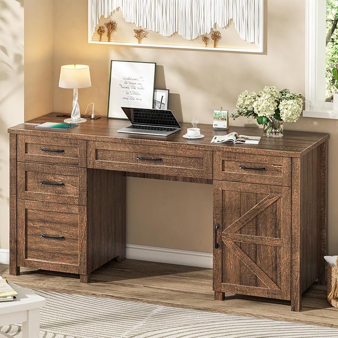 Vabches Farmhouse 61'' Executive Desk with 5 Drawers, Rustic Office Desk Computer Desk with Charging Station, File Drawers and Storage Cabinet, Wood Workstation for Study and Home Office, Red-Brown.