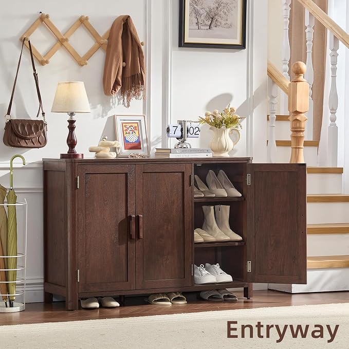Joaxswe Sideboard Buffet Cabinet with Storage, 46" Arc-Shaped Credenza with 3 Doors & Adjustable Shelves, Mid Century Modern Coffee Bar Cabinet for Kitchen, Living Room, Walnut