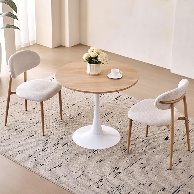 31.5" Round Dining Table for 2-4 Modern Circle Tulip Table with Metal White Tulip Pedestal Base for Kitchen Dining Living Room Apartment Small Space Cafe, Natural