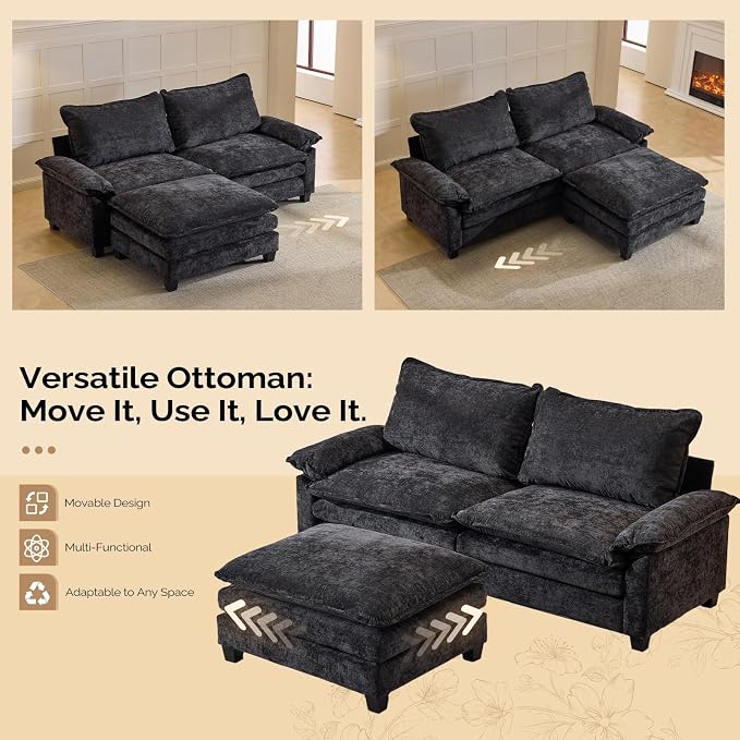 VINGLI 87" Convertible Sectional Sofa,L-Shape Deep Seat Sofa Couch for Living Room,Modern Chenille 2 Seat Loveseat Sofa with Ottoman for Small Space(Black, 87")