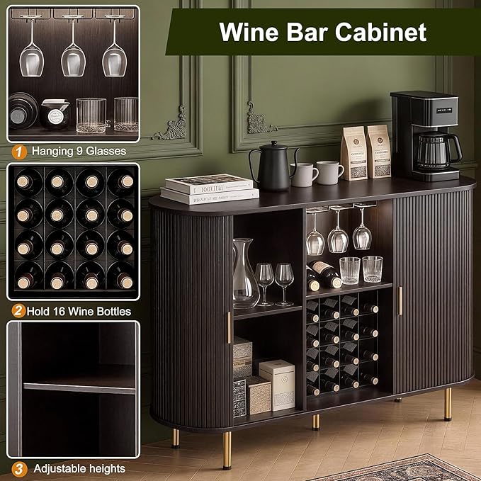 DHH 55" Wine Bar Cabinet with Storage, Fluted Liquor & Coffee Bar Cabinet with Wine Rack and Glass Holder, Buffet Sideboard with LED Lights for Home Kitchen Living Dining Room (Dark Walnut)