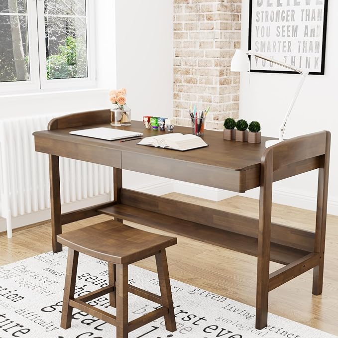 100% Solid Wood Desk with Drawers - 48 Inch Mid Century Modern Desk, Vintage Desks with Storage Shelf, Adjustable Height Writing Computer Desks with Cable Hole, Walnut Color