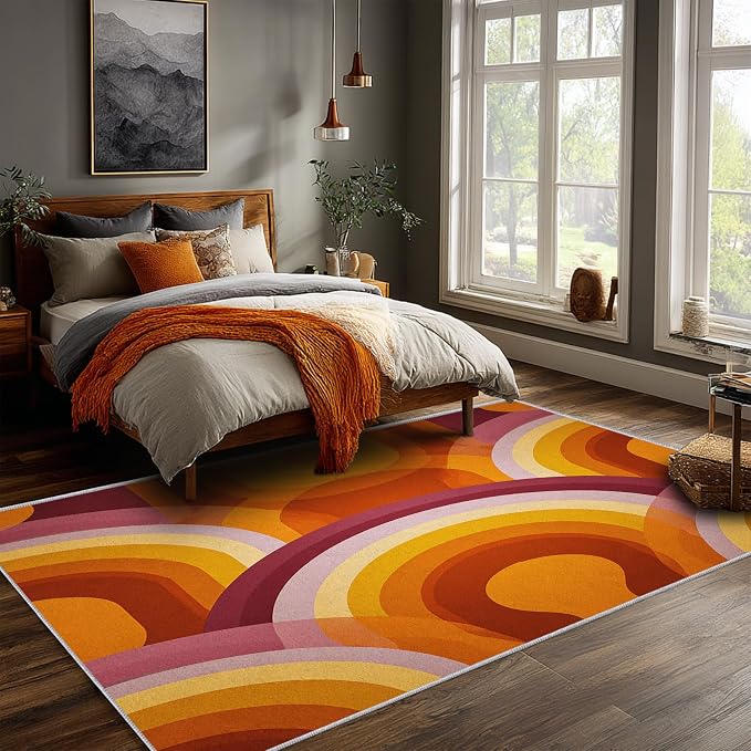 Retro Halo Area Rug 5x7, Mid Century Rainbow Arch Rug, Retro Abstract Carpet for Living Room Bedroom, Soft Non Slip Washable Rug