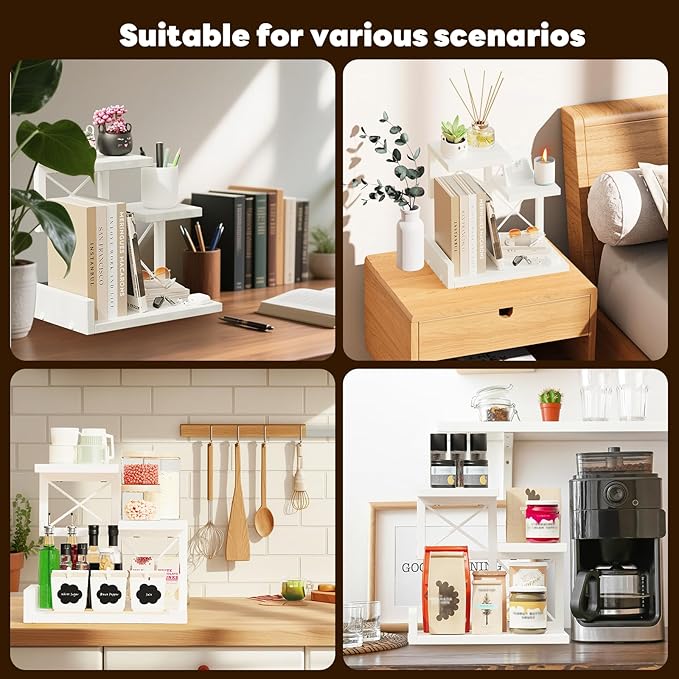 Abiglifty Desk Shelf Organizer, Wooden Desktop Organizers, 3 Tier Desk Hutch Small Bookshelf, Nightstand Organizer, Riser Display Stand for Office, Dorm, Home (White)