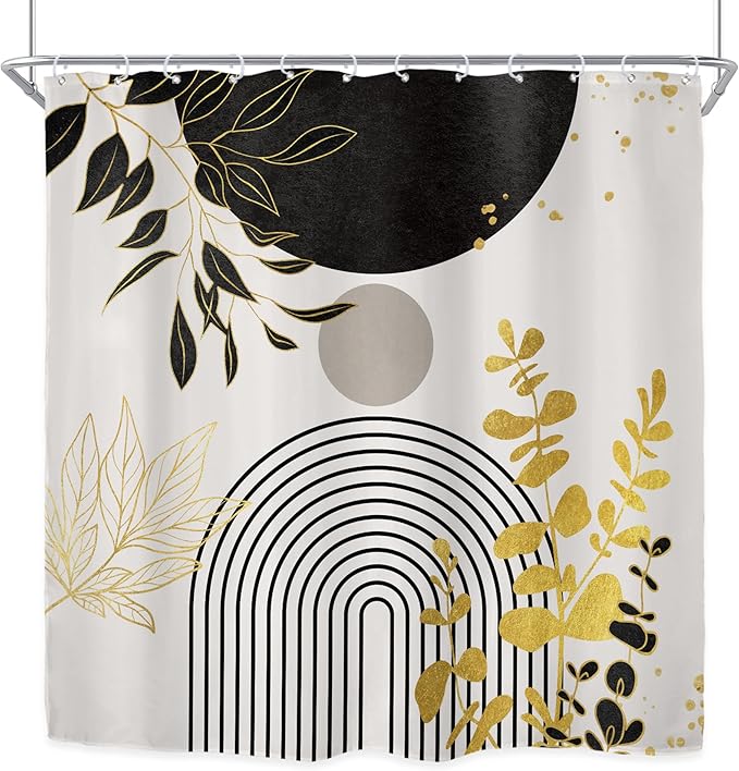 Riyidecor Black Gold Mid Century Modern Shower Curtain for Bathroom Decor 72Wx72H Boho Abstract Gold Leaves Minimalist Geometric Arch Sun Art Printed Fabric Polyester Waterproof 12 Pack Plastic Hooks