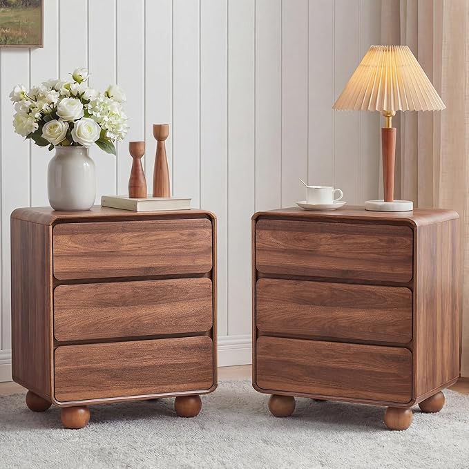 AVZEAR Modern 3 Drawer Dresser for Bedroom, Wooden Dresser Chest of Drawers, Handle Free & Curved Profile Design, Mid Century 3 Drawer Nightstand for Living Room, Walnut