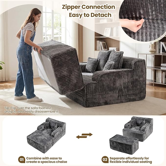 Chaise Lounge Chair Indoor,Boneless Chair with Ottoman,Comfy Reading Chair for Adults,Small Sofa Bed Couch for Living Room,Single Sleeper Chair Bed,Grey