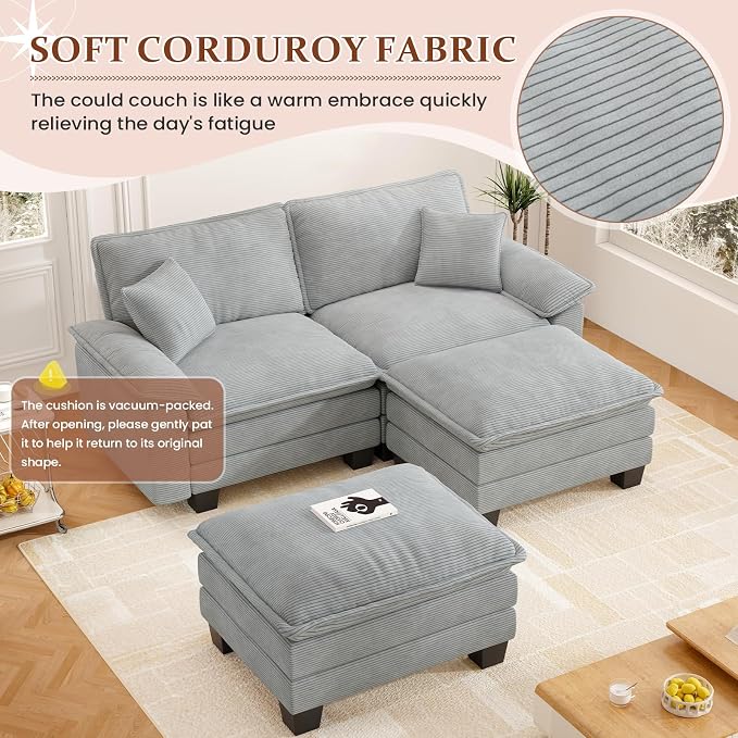 Modular Sectional Sofa Cloud Couch, Comfy Corduroy Loveseat with Ottoman Upholstered Deep Seat Sleeper Sofa Bed 2 Seater Couch Oversized Chaise Lounge Chair Indoor for Living Room Bedroom, Grey