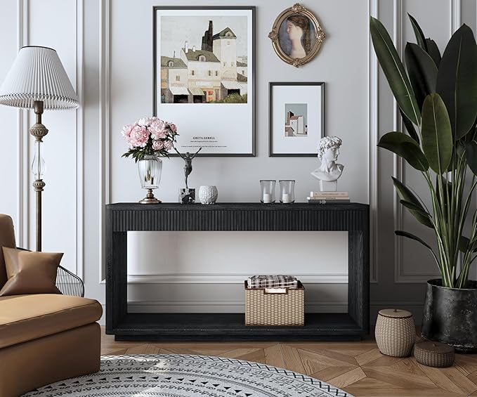 Wood Console Table, 59.8" Retro Long Sofa Table Behind Couch with 2 Fluted Drawers, Farmhouse Wooden Narrow Sofa Table Hall Table for Living Room Foyer Entrance Entryway, Black