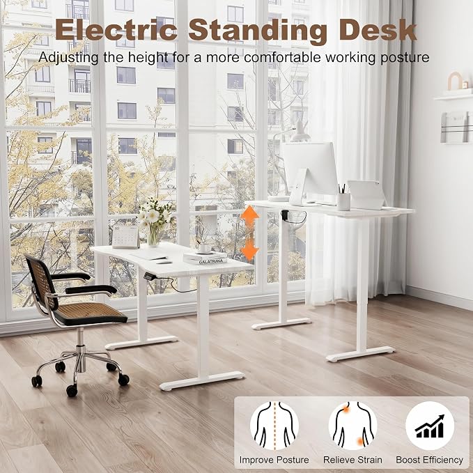 Solid Wood Electric Standing Desk 55"x23.6"Home Office Desk,Adjustable Workbench with 3 Stages Single Motor, Computer Workstation with T-Shaped Metal Bracket,Walnut Standing Table for Gaming(1 Box)