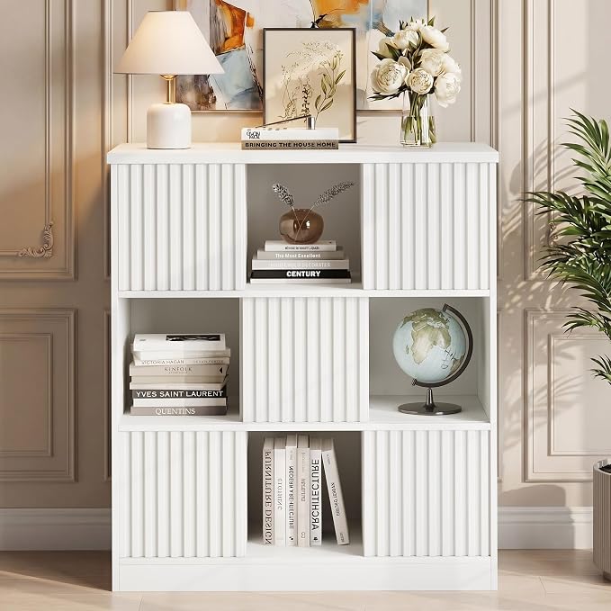 Einhomn Cube Storage Organizer with Sliding Doors, Wooden Bookshelf Storage Cabinet, 9 Cube Bookcase Organizer for Living Room Bedroom Office, White