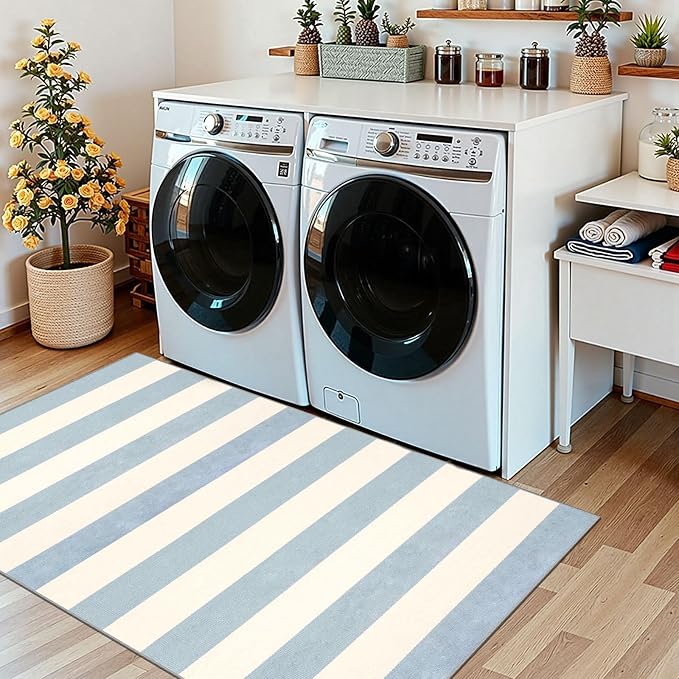 3x5 Entry Rug - Small Washable Indoor Outdoor Mats for Front Door Non-Slip Porch Rug Summer Blue White Coastal Striped Throw Rugs for Bedroom Entryway Kitchen Office Mudroom Front Porch Decor