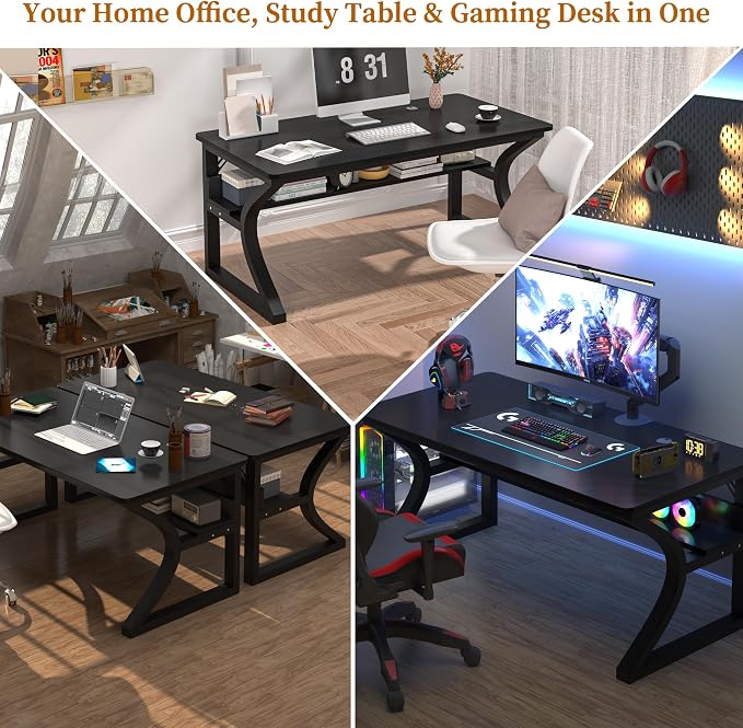 55 X 23.6'' Computer Desk, Home Office Desks w/Shelf Storage, Computer Desk w/Metal Frame, Cable Management, Study Student Desk Writing Work Table Deeper & Thicker Desktop for Home Bedroom