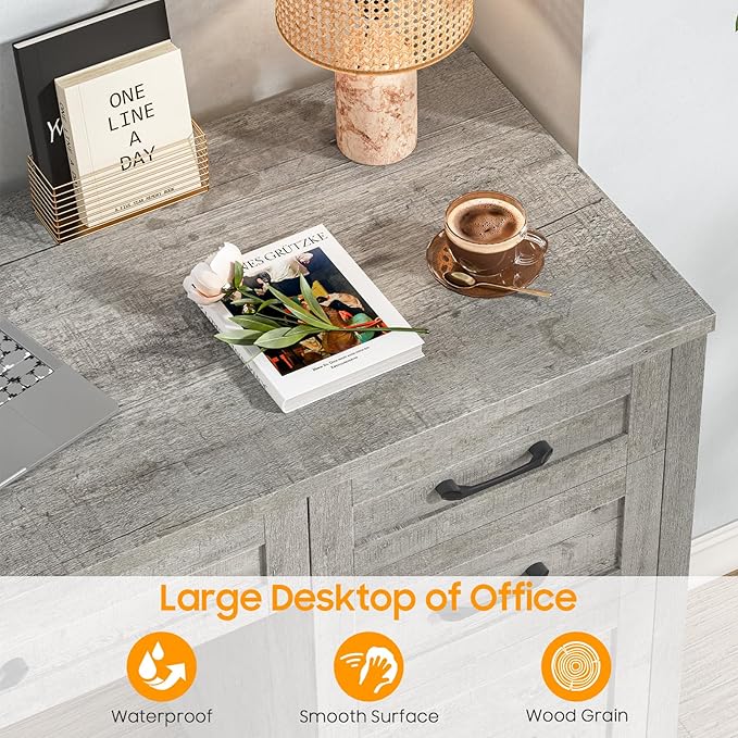 Vabches Farmhouse 47" Executive Desk with 4 Drawers, Computer Desk with File Drawer and Charging Station, Workstation for Home Office, Study.(Grey)