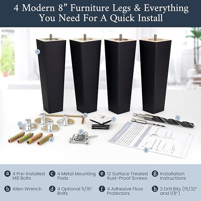 Airy Abode Premium Black Square Furniture Legs (Full Install Kit) - Pick Your Size and Color