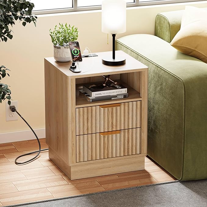 Nightstand with Charging Station Set of 2, Fluted Bedside Table with 2 Storage Drawer and Open Wood Shelf, Night Stand with Solid Wood Base for Bedroom, Side Table, End Table, Oak