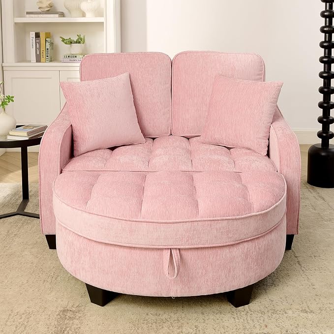 Oversized Curved Chaise Lounge Chair Indoor with Ottoman, 54.8" Cloud Boneless Reading Chair Soft Chenille Circle Couch w/Adjustable Backrest for Living Room, Apartroom, Bedroom, Pink
