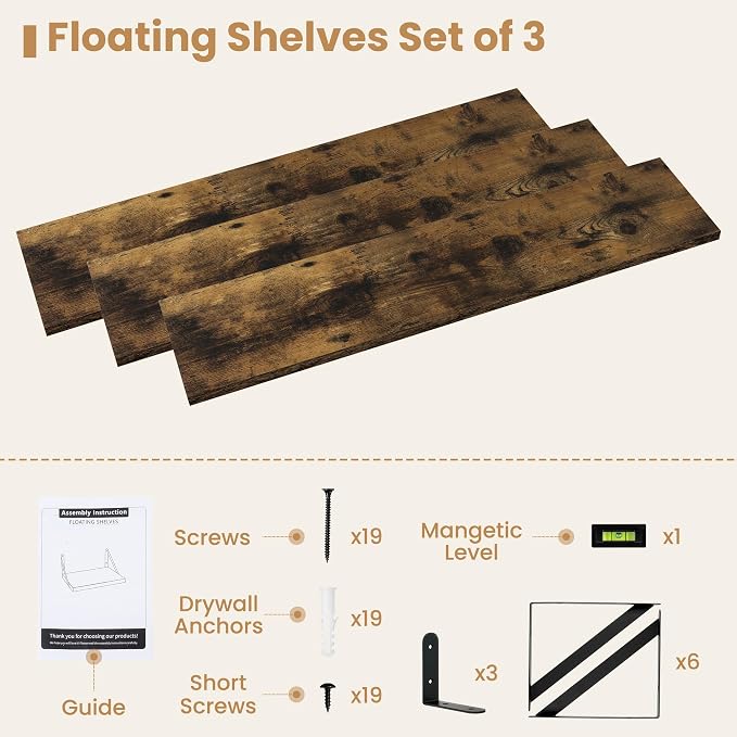 Heimlove Floating Book Shelves for Wall,35.4 Inches Long Wall Mounted Bookshelves,Heavy Duty Bracket Shelves for Living Room Kitchen,Laundry Room Storage & Decor,Set of 3,Rustic Brown
