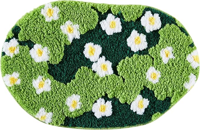 Cute Green Floral Bath Mat Microfiber Grass Bathroom Rug 16''W x 24''L Non Slip Washable, Modern Chic Boho Aesthetic Trendy Shaggy Bathroom Shower Floor Mat Absorbent