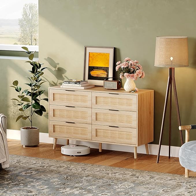 VINGIL 6 Drawer Rattan Dresser, Boho Chest of Dressers, Modern Wooden Dresser with Ample Storage, Rattan Chest of Drawers for Bedroom, Oak