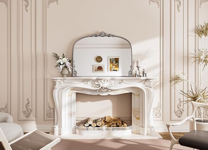 TETOTE Vintage Antique Silver Arched Mirror for Mantle Fireplace 40 x 30 Traditional Baroque French Ornate Wall Mirror with Metal Frame, French Cleat Mount