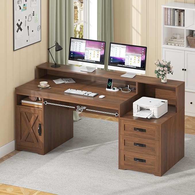 TVU Farmhouse Computer Desk with Drawers, 65'' Home Office Desk with Power Outlets, Storage Cabinet and Printer Stand, Study Writing Desks with Long Monitor Stand, Brown