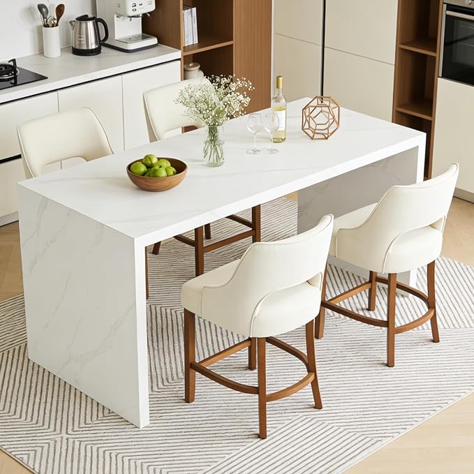 ClinQ Bar Stools Set of 6, 26" H Counter Height Bar Stools with Backs, Modern Upholstered Accent Barstools with Curved Footrest for Kitchen Island, Dining Room and Bar, Beige-Walnut Legs