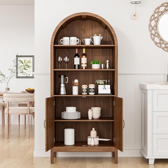 70.9" Tall Storage Cabinet with Fluted Doors, Arched Freestanding Cabinet with 5 Shelves, Wooden Bookcase Storage Cabinet Suitable for Living Room, Dining Room, Bathroom