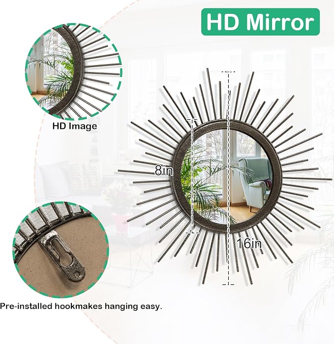 Large Spoked Sunburst Wall Mirror Boho Home Decor Round Wall Art Mirror Modern Metal Mirrors for Wall Living Room Vanity Bathroom Bedroom Hallway Balcony Entryway 16"