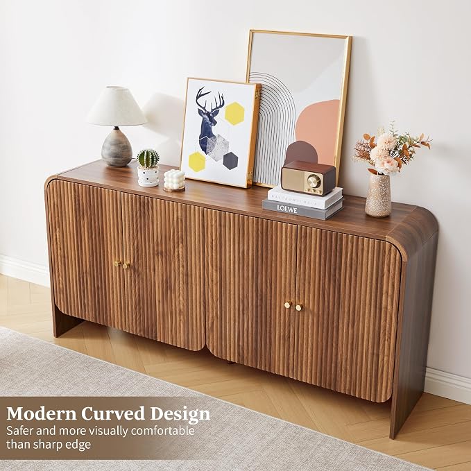 59” Large Buffets Sideboard Cabinet with Storage, Fluted Curved Credenza Buffet Table Storage Cabinet with 4 Doors, Modern Wood Accent Console Table Coffee Bar for Living Room Kitchen Hallway, Walnut