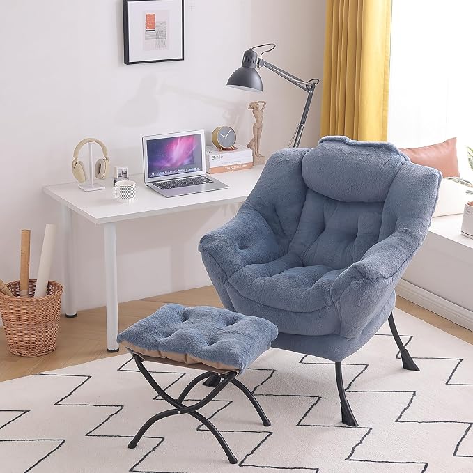 Tiita Lazy Chair with Ottoman, Blue Modern Large Accent Armchair, Comfy Leisure Sofa Reading Chair with Footrest for Bedroom, Living Room, Dorm Rooms, Garden, Plush Light Blue
