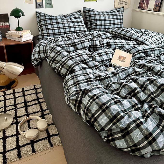 mixinni Vintage Grey & Pale Blue Buffalo Plaid Duvet Cover Set Twin Size - 3 Piece Washed Cotton Bedding Set with Grid Pattern, Soft & Breathable Duvet Cover with Pillowcases for Boys, Men& Women