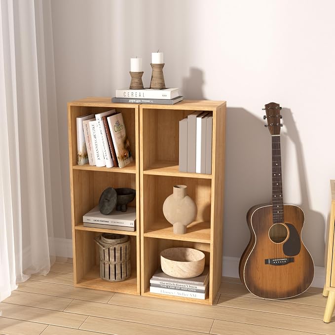 Wooden 3 Cube Storage Organizer, 3 Tier Storage Cubes Storage Display Cubby, Freestanding DIY Closet Shelving Unit for Living Room Bedroom Office (Oak, 3 Cube-W(11.8inch)